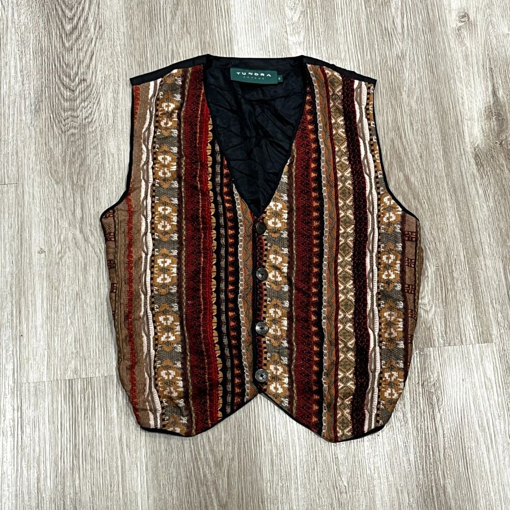 Vtg 90s Tundra Canada Vest Multicolor Knit Button Men's Size Medium Coogi Style